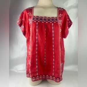 Johnny Was Workshop Puff Sleeve Embroidered Red Tunic Top Sz M